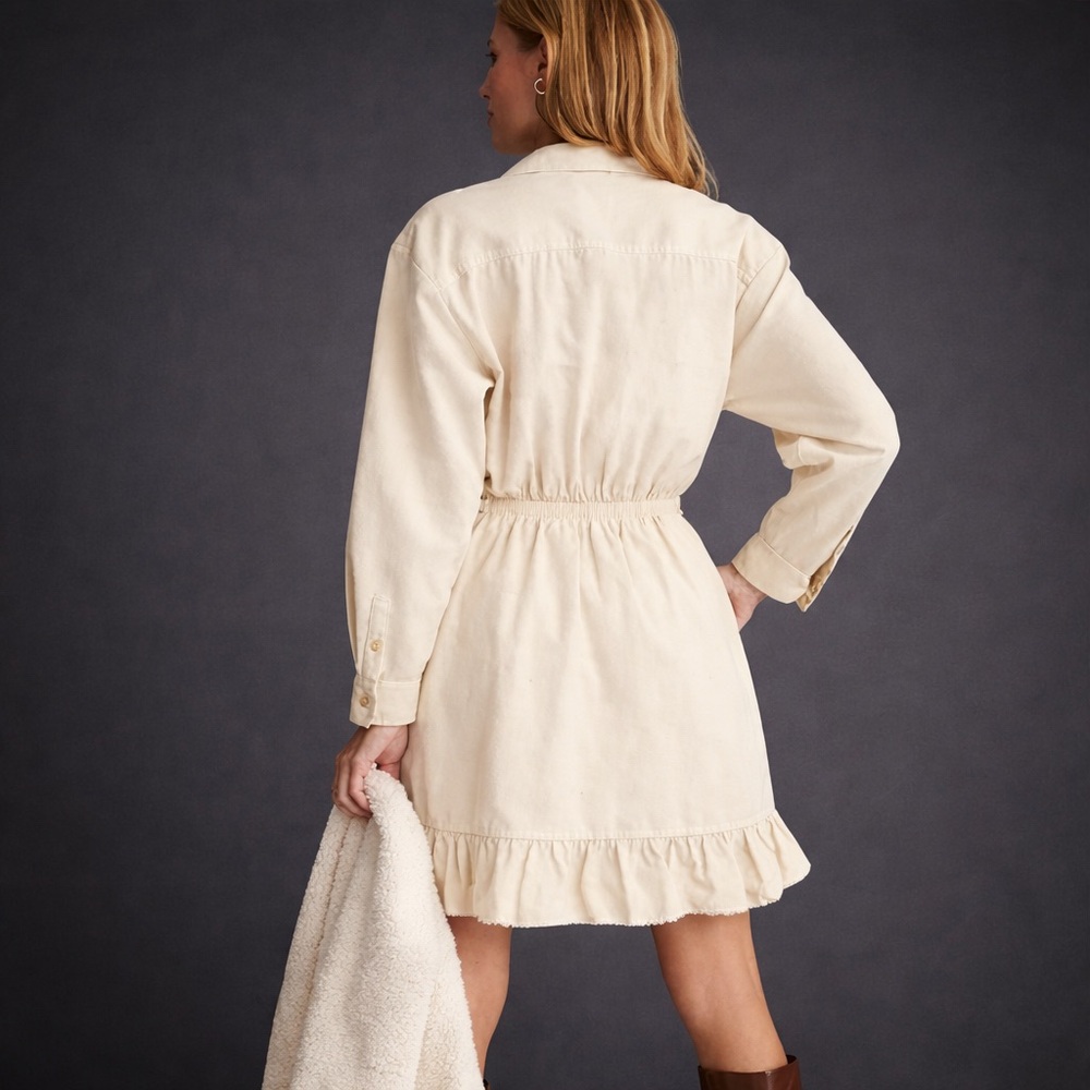 Pilcro Anthropologie Cream Boho Mini Dress Tie Waist Ruffle Hem XS - Picture 2 of 15